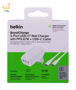 Ładowarka Belkin BoostCharge 3 Port USB-C PD 3.1 PPS Wall Charger 67W + USB-C to USB-C Cable 2m White