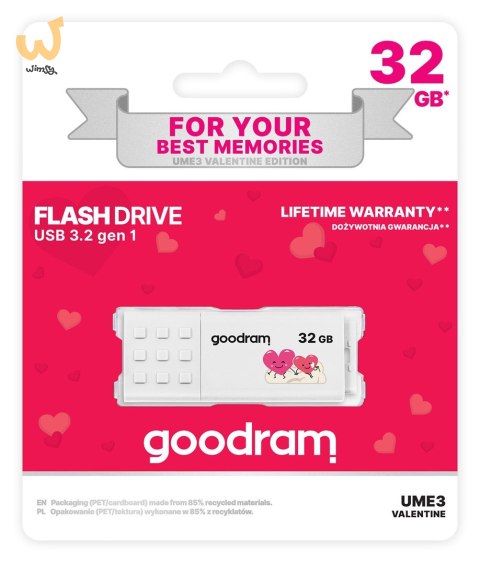 Pendrive GoodRam UME3-0320W0R11-V (32GB; USB 3.0; kolor biały) VALENTINE Pendrive GoodRam UME3-0320W0R11-V (32GB; USB 3.0; kolor biały) VALENTINE