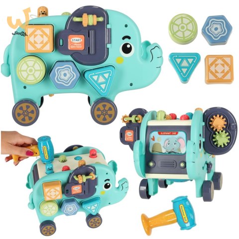 Słonik tablica manipulacyjna montessori wbijak sorter klocki młotek 26cm Słonik tablica manipulacyjna montessori wbijak sorter klocki młotek 26cm
