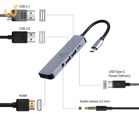GEMBIRD MULTI ADAPTER USB TYP-C 5W1 (HUB + HDMI + PD + DŹWIĘK STEREO) SREBRNY GEMBIRD MULTI ADAPTER USB TYP-C 5W1 (HUB + HDMI + PD + DŹWIĘK STEREO) SREBRNY