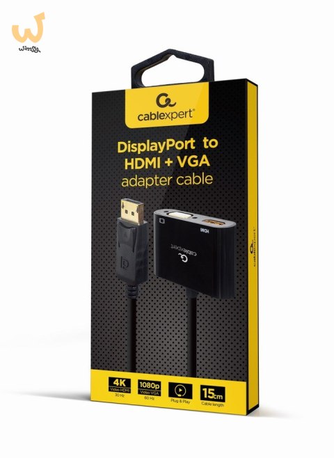 GEMBIRD ADAPTER NA KABLU DISPLAYPORT MĘSKI NA ŻEŃSKI HDMI + ŻEŃSKI VGA CZARNY, 10CM GEMBIRD ADAPTER NA KABLU DISPLAYPORT MĘSKI NA ŻEŃSKI HDMI + ŻEŃSKI VGA CZARNY, 10CM