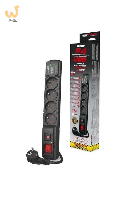 Listwa przeciwprzepięciowa Acar F4 USB A+C (szybka ładowarka) 3m ; czarny Listwa przeciwprzepięciowa Acar F4 USB A+C (szybka ładowarka) 3m ; czarny