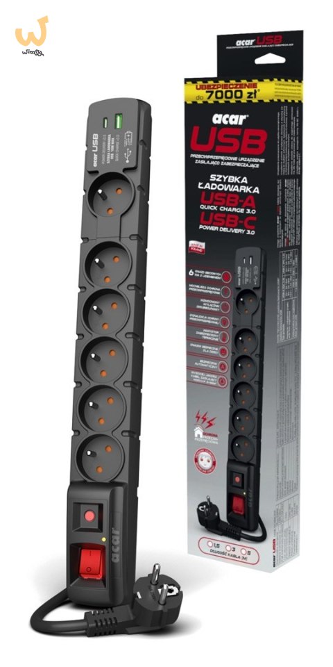 Listwa przeciwprzepięciowa Acar S6 USB A+C (szybka ładowarka) 3m ; czarny Listwa przeciwprzepięciowa Acar S6 USB A+C (szybka ładowarka) 3m ; czarny
