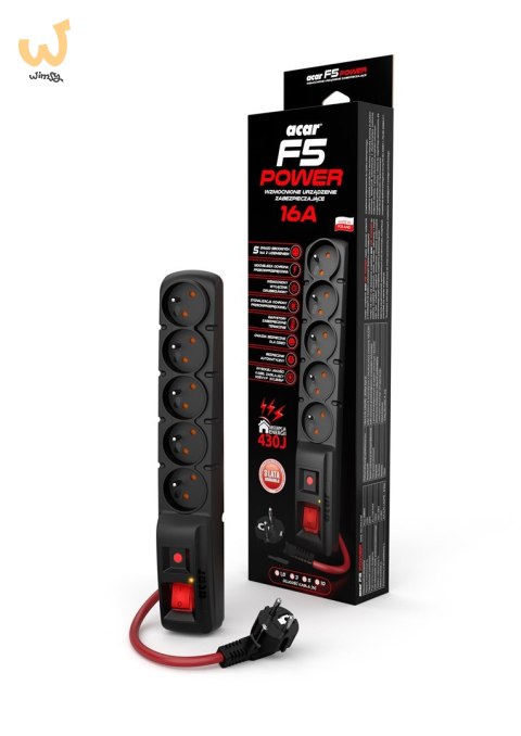 Listwa zasilająca Acar F5 Power 16A (1,5m ; czarny) Listwa zasilająca Acar F5 Power 16A (1,5m ; czarny)