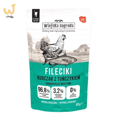Wiejska Zagroda Karma mokra dla kota Fileciki Kurczak z tuńczykiem (dorosły) 85g (12 szt/op) Wiejska Zagroda Karma mokra dla kota Fileciki Kurczak z tuńczykiem (dorosły) 85g (12 szt/op)