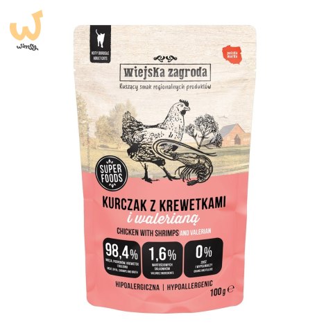 Wiejska Zagroda Karma mokra dla kota Kurczak z krewetkami i walerianą (dorosły) 100g (12 szt/op) Wiejska Zagroda Karma mokra dla kota Kurczak z krewetkami i walerianą (dorosły) 100g (12 szt/op)
