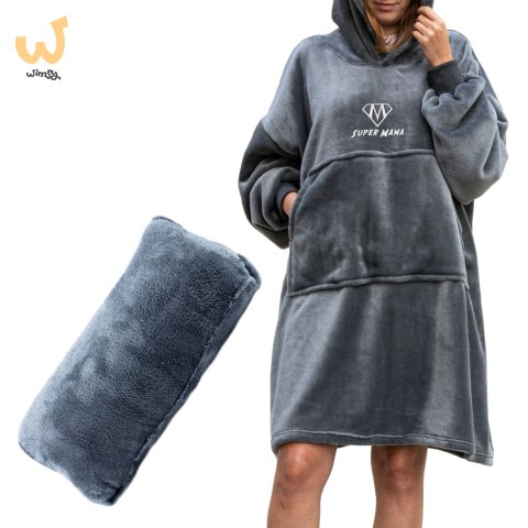 Bluzair SUPER MAMA - Bluza koc - Szary - prezent na dzień matki Bluzair SUPER MAMA - Bluza koc - Szary - prezent na dzień matki