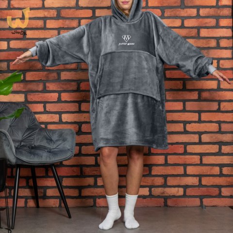 Bluzair SUPER MAMA - Bluza koc - Szary - prezent na dzień matki Bluzair SUPER MAMA - Bluza koc - Szary - prezent na dzień matki