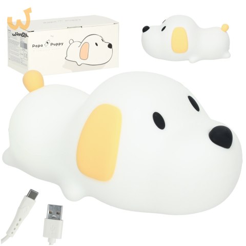 Lampka nocna dla dzieci silikonowa na baterie USB biała piesek leżący Lampka nocna dla dzieci silikonowa na baterie USB biała piesek leżący