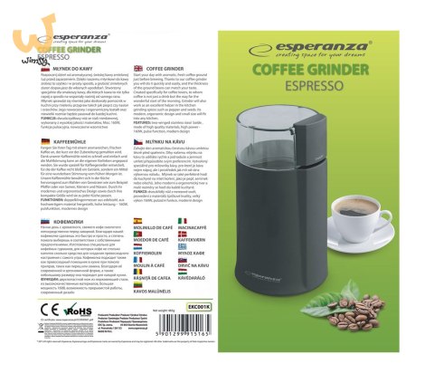 Młynek do kawy Esperanza Espresso EKC001K (160W; udarowy; kolor czarny) Młynek do kawy Esperanza Espresso EKC001K (160W; udarowy; kolor czarny)