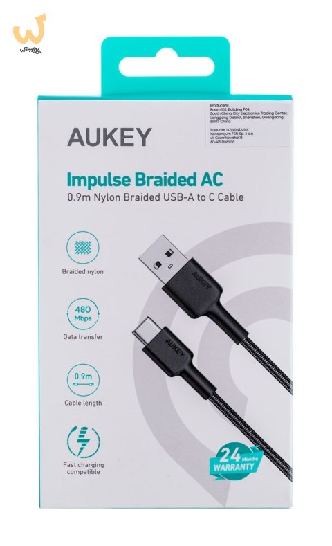 AUKEY CB-CD30 KABEL USB-C QC PD 0.9M 3A NYLON AUKEY CB-CD30 KABEL USB-C QC PD 0.9M 3A NYLON