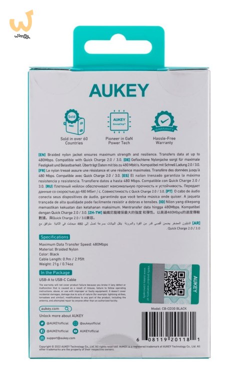 AUKEY CB-CD30 KABEL USB-C QC PD 0.9M 3A NYLON AUKEY CB-CD30 KABEL USB-C QC PD 0.9M 3A NYLON