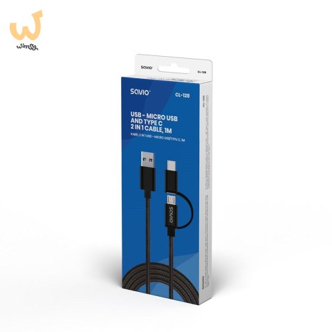 Kabel SAVIO CL-128 (Micro USB typu B, USB typu C - USB 2.0 typu A ; 1m; kolor czarny) Kabel SAVIO CL-128 (Micro USB typu B, USB typu C - USB 2.0 typu A ; 1m; kolor czarny)