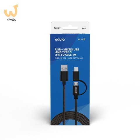 Kabel SAVIO CL-128 (Micro USB typu B, USB typu C - USB 2.0 typu A ; 1m; kolor czarny) Kabel SAVIO CL-128 (Micro USB typu B, USB typu C - USB 2.0 typu A ; 1m; kolor czarny)