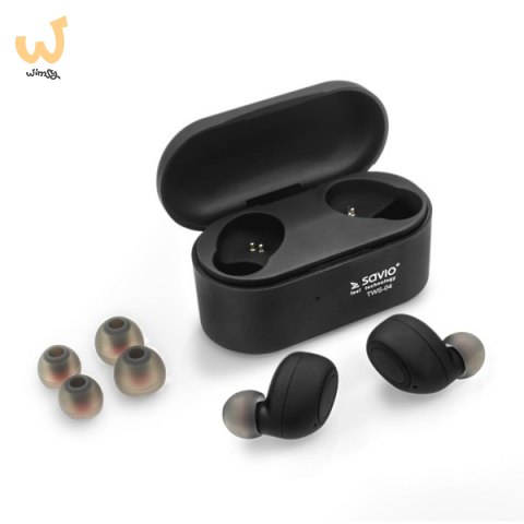 Słuchawki SAVIO TWS-04 (bluetooth; bezprzewodowe, Bluetooth; z wbudowanym mikrofonem; kolor czarny Słuchawki SAVIO TWS-04 (bluetooth; bezprzewodowe, Bluetooth; z wbudowanym mikrofonem; kolor czarny