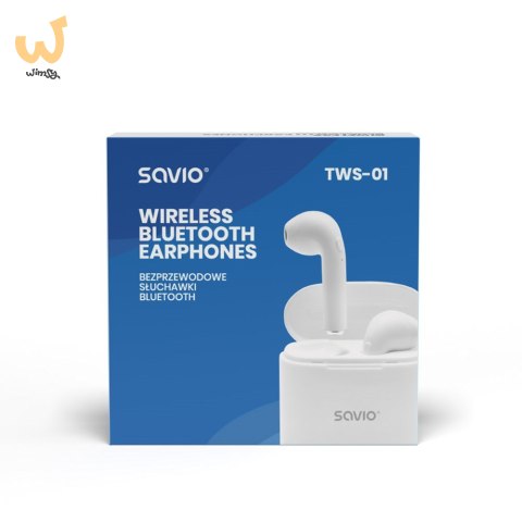Słuchawki bezprzewodowe SAVIO TWS-01 (douszne; bezprzewodowe, Bluetooth; z wbudowanym mikrofonem; kolor biały Słuchawki bezprzewodowe SAVIO TWS-01 (douszne; bezprzewodowe, Bluetooth; z wbudowanym mikrofonem; kolor biały