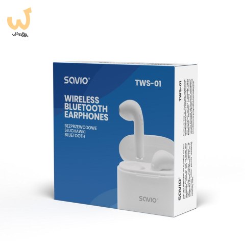 Słuchawki bezprzewodowe SAVIO TWS-01 (douszne; bezprzewodowe, Bluetooth; z wbudowanym mikrofonem; kolor biały Słuchawki bezprzewodowe SAVIO TWS-01 (douszne; bezprzewodowe, Bluetooth; z wbudowanym mikrofonem; kolor biały