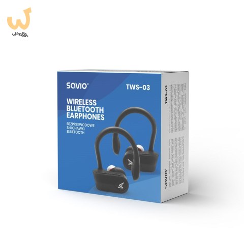 Słuchawki bezprzewodowe SAVIO TWS-03 (bluetooth; bezprzewodowe, Bluetooth; z wbudowanym mikrofonem; kolor czarny Słuchawki bezprzewodowe SAVIO TWS-03 (bluetooth; bezprzewodowe, Bluetooth; z wbudowanym mikrofonem; kolor czarny