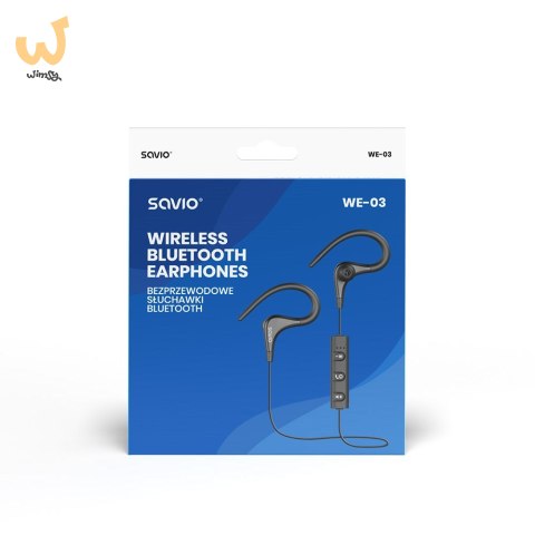Słuchawki bezprzewodowe, z mikrofonem, ze słuchawkami SAVIO WE-03 (dokanałowe, sportowe; bezprzewodowe, Bluetooth; z wbudowanym Słuchawki bezprzewodowe, z mikrofonem, ze słuchawkami SAVIO WE-03 (dokanałowe, sportowe; bezprzewodowe, Bluetooth; z wbudowanym