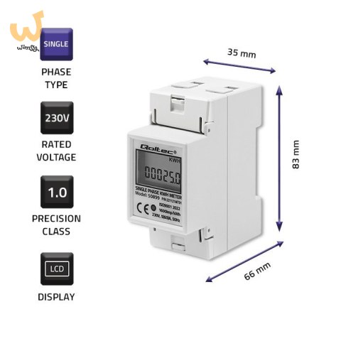 QOLTEC LICZNIK ZUŻYCIA ENERGII JEDNOFAZOWY NA SZYNĘ DIN | 230V | LCD | 2P QOLTEC LICZNIK ZUŻYCIA ENERGII JEDNOFAZOWY NA SZYNĘ DIN | 230V | LCD | 2P