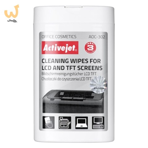 Activejet AOC-302 chusteczki do matryc LCD. (100 szt.) Nawilżane chusteczki do matryc, usuwające wszelkiego rodzaju zanieczyszcz Activejet AOC-302 chusteczki do matryc LCD. (100 szt.) Nawilżane chusteczki do matryc, usuwające wszelkiego rodzaju zanieczyszcz