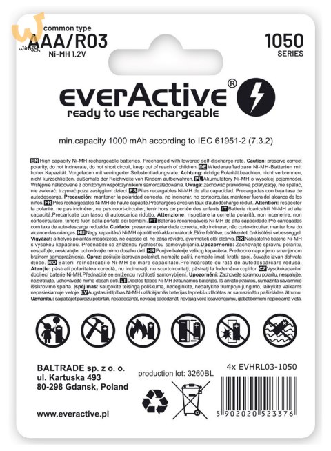 Zestaw akumulatorków everActive Professional line EVHRL03-1050 (1050mAh ; Ni-MH LSD) Zestaw akumulatorków everActive Professional line EVHRL03-1050 (1050mAh ; Ni-MH LSD)