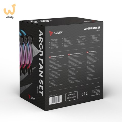 SAVIO ZESTAW 4 WENTYLATORÓW ARGB 120 MM WRAZ Z KONTROLEREM ORAZ PILOTEM FAN-01 SAVIO ZESTAW 4 WENTYLATORÓW ARGB 120 MM WRAZ Z KONTROLEREM ORAZ PILOTEM FAN-01