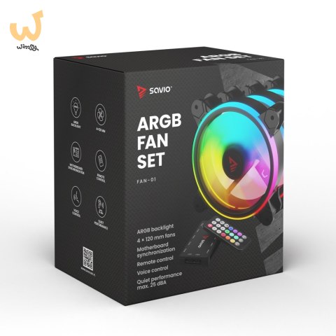 SAVIO ZESTAW 4 WENTYLATORÓW ARGB 120 MM WRAZ Z KONTROLEREM ORAZ PILOTEM FAN-01 SAVIO ZESTAW 4 WENTYLATORÓW ARGB 120 MM WRAZ Z KONTROLEREM ORAZ PILOTEM FAN-01