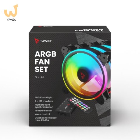 SAVIO ZESTAW 4 WENTYLATORÓW ARGB 120 MM WRAZ Z KONTROLEREM ORAZ PILOTEM FAN-01 SAVIO ZESTAW 4 WENTYLATORÓW ARGB 120 MM WRAZ Z KONTROLEREM ORAZ PILOTEM FAN-01