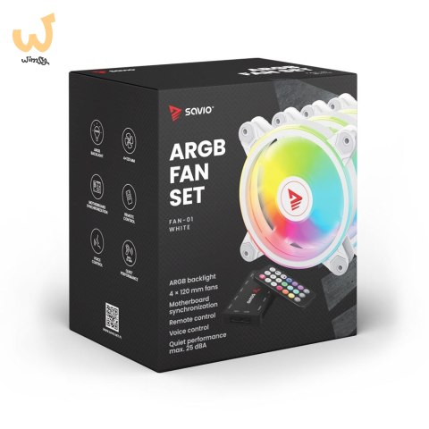 SAVIO ZESTAW 4 WENTYLATORÓW ARGB 120 MM WRAZ Z KONTROLEREM ORAZ PILOTEM FAN-01 WHITE SAVIO ZESTAW 4 WENTYLATORÓW ARGB 120 MM WRAZ Z KONTROLEREM ORAZ PILOTEM FAN-01 WHITE