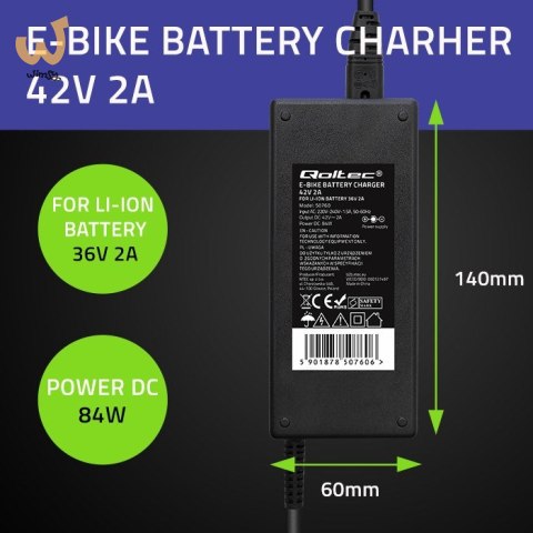 QOLTEC ŁADOWARKA DO BATERII ROWERU ELEKTRYCZNEGO 36V | 42V | 2A | 5.5*2.1 QOLTEC ŁADOWARKA DO BATERII ROWERU ELEKTRYCZNEGO 36V | 42V | 2A | 5.5*2.1