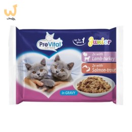PREVITAL JUNIOR - Z jagnięciną, indykiem, łososiem, pstrągiem w sosie - Pełnoporcjowa karma dla kotów - 4x100g