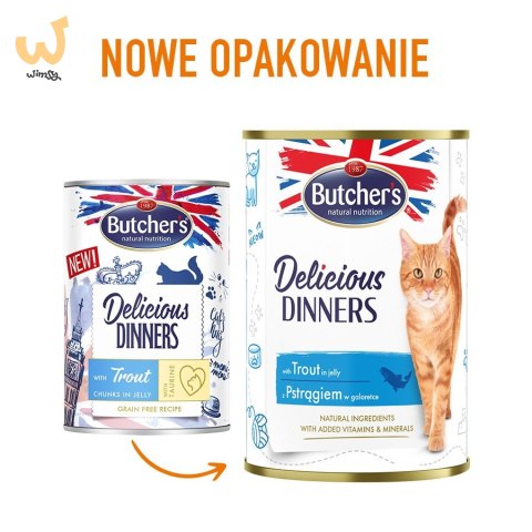 BUTCHER'S Delicious Dinners Kawałki z pstrągiem w galaretce - mokra karma dla kota - 400 g BUTCHER'S Delicious Dinners Kawałki z pstrągiem w galaretce - mokra karma dla kota - 400 g