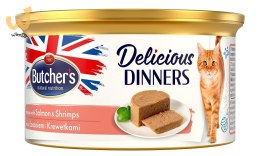 Butcher's Delicious Dinners Cat - mokra karma dla kota z łososiem i krewetkami w formie musu - puszka 85 g