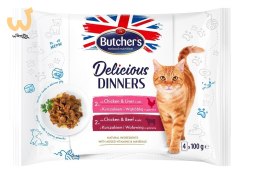 BUTCHER'S Delicious Dinners Kurczak z Wątróbką, Kurczak z Wołowiną - mokra karma dla kota - 4 x 100 g