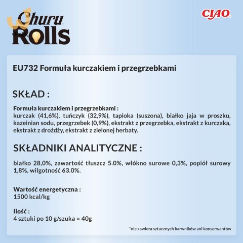 INABA Churu Rolls Tuńczyk z przegrzebkami - przysmak dla kota - 4x10 g INABA Churu Rolls Tuńczyk z przegrzebkami - przysmak dla kota - 4x10 g