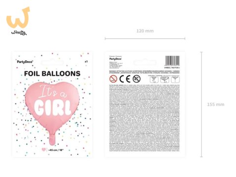 Balon foliowy "It's a girl" na baby shower serce różowe 48cm Balon foliowy "It's a girl" na baby shower serce różowe 48cm