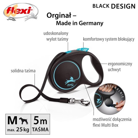 Smycz flexi automatyczna Black Design M taśma 5 m - dla psa do 25 kg, kolor niebieski Smycz flexi automatyczna Black Design M taśma 5 m - dla psa do 25 kg, kolor niebieski