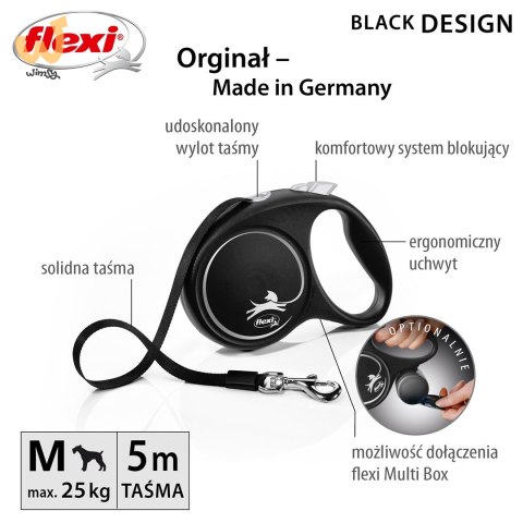 Smycz flexi automatyczna Black Design M taśma 5 m - dla psa do 25 kg, kolor srebrny Smycz flexi automatyczna Black Design M taśma 5 m - dla psa do 25 kg, kolor srebrny