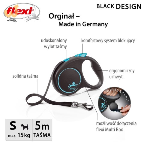 Smycz flexi automatyczna Black Design S taśma 5 m - dla psa do 15 kg, kolor niebieski Smycz flexi automatyczna Black Design S taśma 5 m - dla psa do 15 kg, kolor niebieski