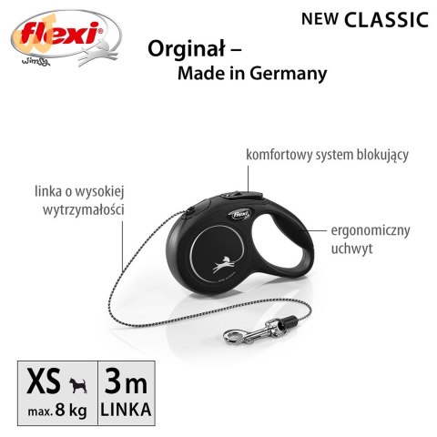 Smycz flexi automatyczna New Classic XS linka 3 m - dla psa do 8 kg, kolor czarny Smycz flexi automatyczna New Classic XS linka 3 m - dla psa do 8 kg, kolor czarny