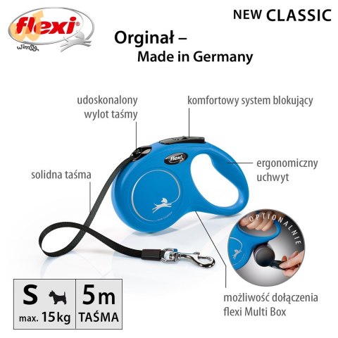 Smycz flexi automatyczna New Classic S taśma 5 m - dla psa do 15 kg, kolor niebieski Smycz flexi automatyczna New Classic S taśma 5 m - dla psa do 15 kg, kolor niebieski