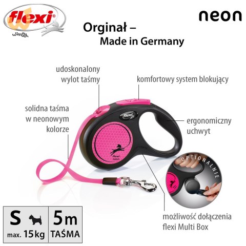 Smycz flexi automatyczna New Neon S taśma 5 m - dla psa do 15 kg, kolor różowy Smycz flexi automatyczna New Neon S taśma 5 m - dla psa do 15 kg, kolor różowy