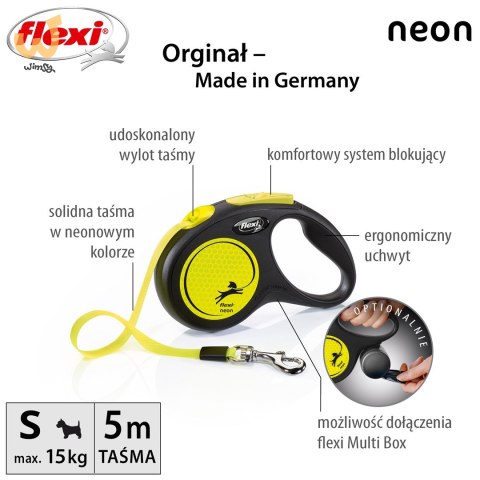 Smycz flexi automatyczna New Neon S taśma 5 m - dla psa do 15 kg, kolor żółty Smycz flexi automatyczna New Neon S taśma 5 m - dla psa do 15 kg, kolor żółty