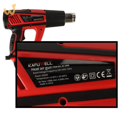 KAFUWELL Opalarka elektryczna z regulacja tempratury 0-600 st. C przepływ powietrza 300-500 l/min + 4 wymienne końcówki 1850W KAFUWELL Opalarka elektryczna z regulacja tempratury 0-600 st. C przepływ powietrza 300-500 l/min + 4 wymienne końcówki 1850W