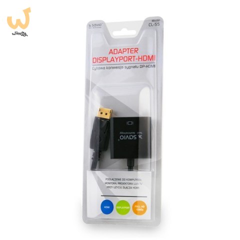 Adapter SAVIO cl-55 (HDMI F - DisplayPort M; 0,10m; kolor czarny) Adapter SAVIO cl-55 (HDMI F - DisplayPort M; 0,10m; kolor czarny)