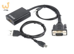 Adapter GEMBIRD A-VGA-HDMI-01 (HDMI F - D-Sub (VGA), Jack stereo 3,5 mm, USB 2.0 M; 0,15m; kolor czarny)