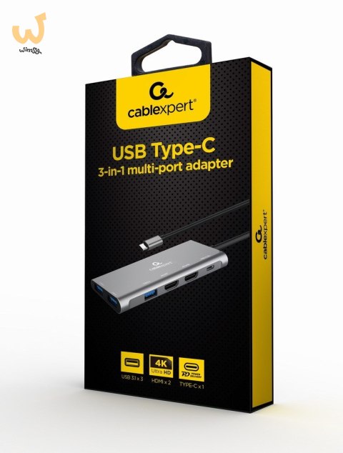 GEMBIRD MULTI ADAPTER USB TYP-C 3W1 SREBRNY HUB USB, HDMI, PD (100W) GEMBIRD MULTI ADAPTER USB TYP-C 3W1 SREBRNY HUB USB, HDMI, PD (100W)