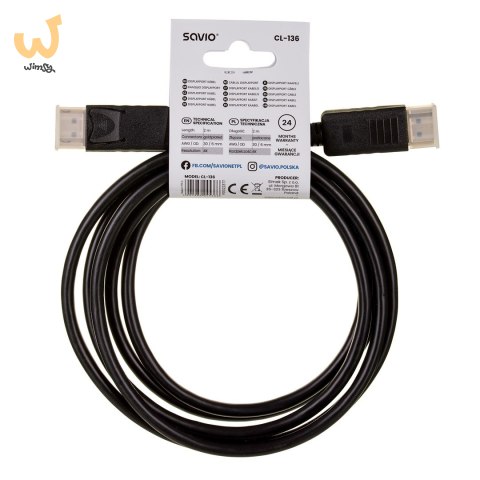 Kabel SAVIO CL-136 (DisplayPort M - DisplayPort M; 2m; kolor czarny) Kabel SAVIO CL-136 (DisplayPort M - DisplayPort M; 2m; kolor czarny)