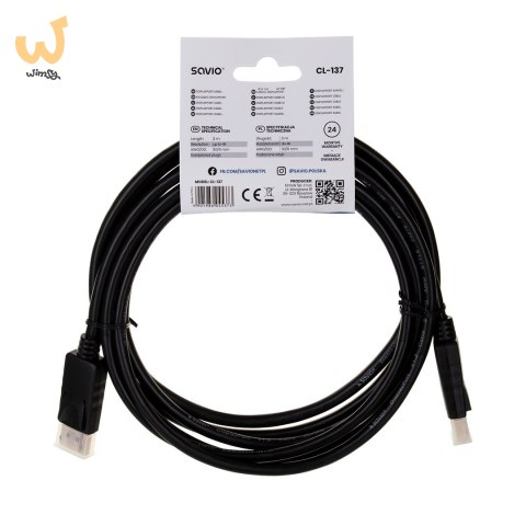 Kabel SAVIO CL-137 (DisplayPort M - DisplayPort M; 3m; kolor czarny) Kabel SAVIO CL-137 (DisplayPort M - DisplayPort M; 3m; kolor czarny)